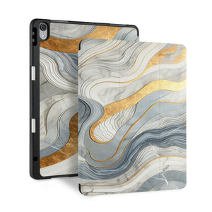 front and back view of personalized iPad case with pencil holder and Marble design